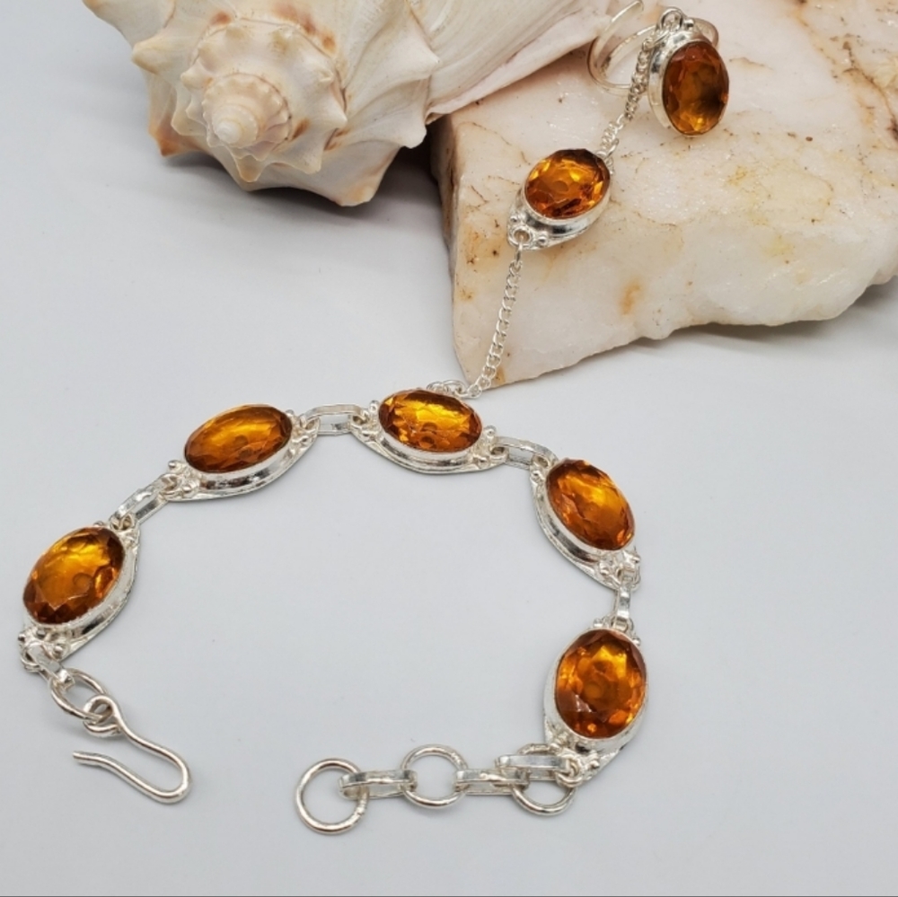 Vintage Sterling Silver 925 Connected Ring/ Bracelet Yellow Quartz Stones